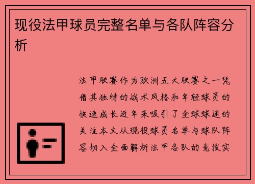 现役法甲球员完整名单与各队阵容分析